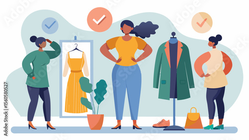A person trying on multiple outfits seeking validation and reassurance after being body shamed.. Vector illustration