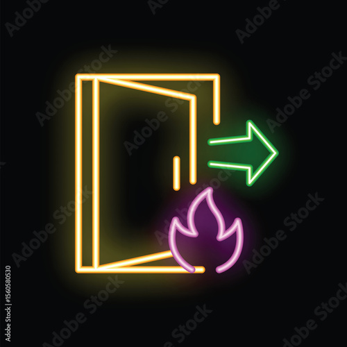 Neon fire exit sign showing an open door with a green arrow pointing out and flames at the bottom