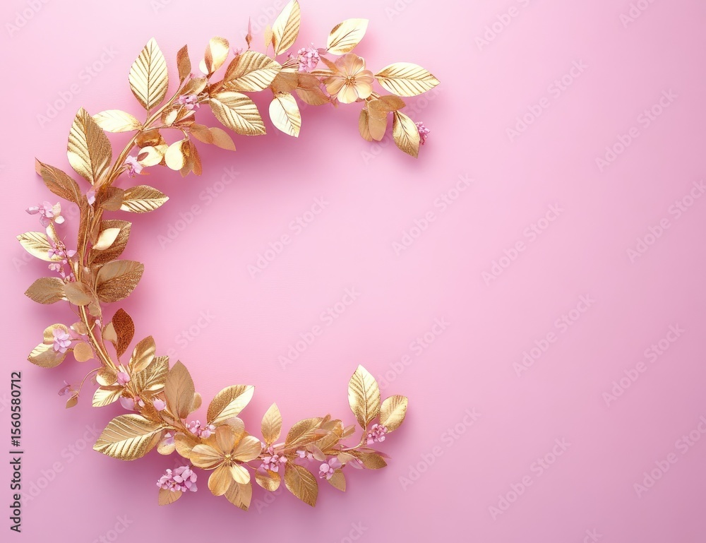 Fototapeta premium Gold leaf and pink flower wreath on a pink background