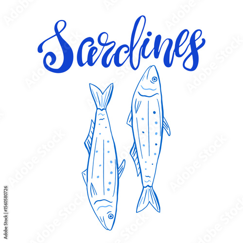 Poster with two sardines illustrated in blue color with a whimsical hand lettering