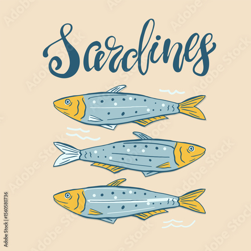 Three stylized sardines in simple style with the  playful hand lettering
