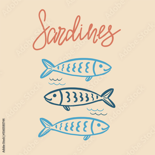 Three stylized sardines swim together, cute simple poster with hand lettering