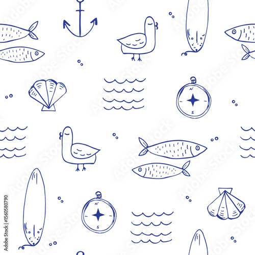 Seamless pattern with nautical themed pattern featuring sea creatures and surfboards