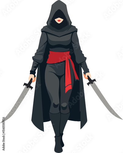 Female Assassin in Black Hooded Cloak with Twin Swords – Vector Illustration