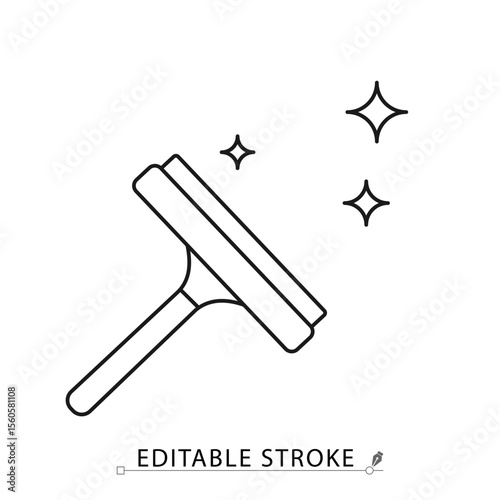 A squeegee icon in minimalist style with editable stroke. Window cleaning tool, glass scraper, household hygiene item, sanitation equipment, surface care, outline object, vector line illustration.