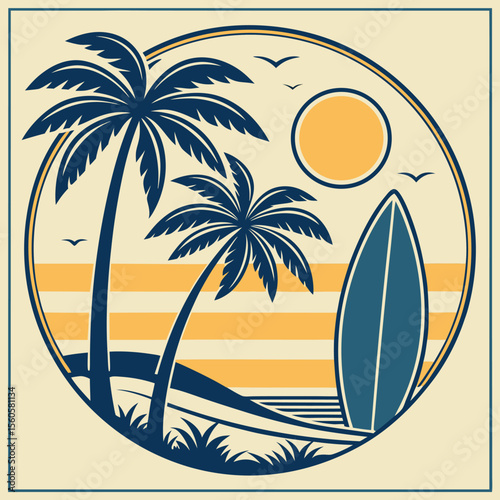 Tropical Beach Scene with Palm Trees and Surfboard Under the Sun