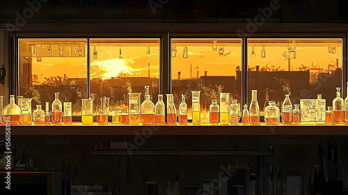 Sunset laboratory glass bottles and beakers on windowsill