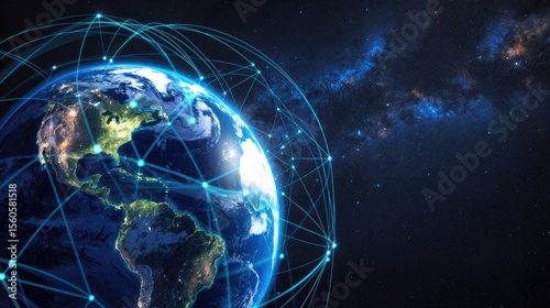 A digital representation of Earth surrounded by glowing network connections. The scene illustrates global connectivity and technology in space.