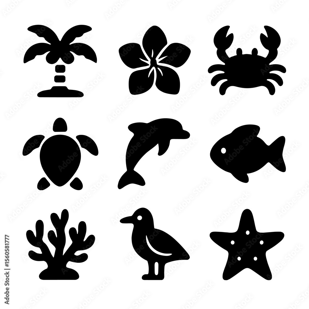 Naklejka premium Island Flora and Fauna Icons. Solid, filled icon set of island flora and fauna: coconut tree, tropical flower, crab, sea turtle,