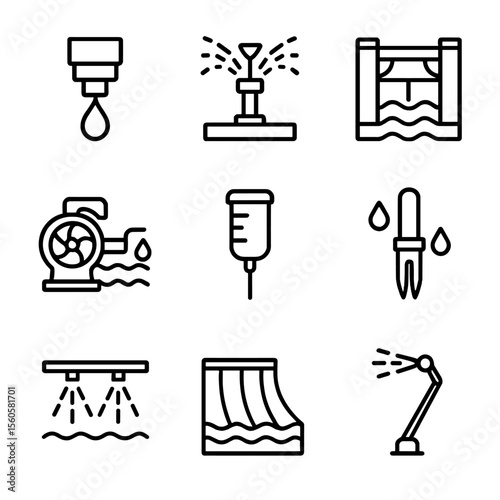 Irrigation Systems Icons. Outline icon set of irrigation systems: drip emitter, sprinkler head, canal gate, water pump, rain gauge