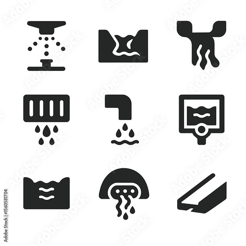 Irrigation Icon Set. Solid, Filled icon set of irrigation and runoff: sprinkler head, irrigation channel, runnel flow, drainage