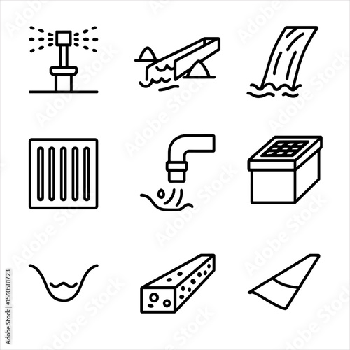Irrigation Icon Set. Outline icon set of irrigation and runoff: sprinkler head, irrigation channel, runnel flow, drainage grate,