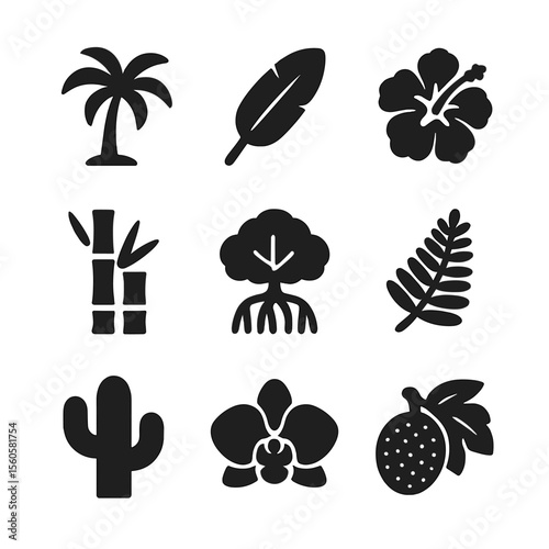 Island Flora Icons. Solid, filled icon set of island flora: palm tree, banana leaf, hibiscus flower, bamboo stalk, mangrove, fern,