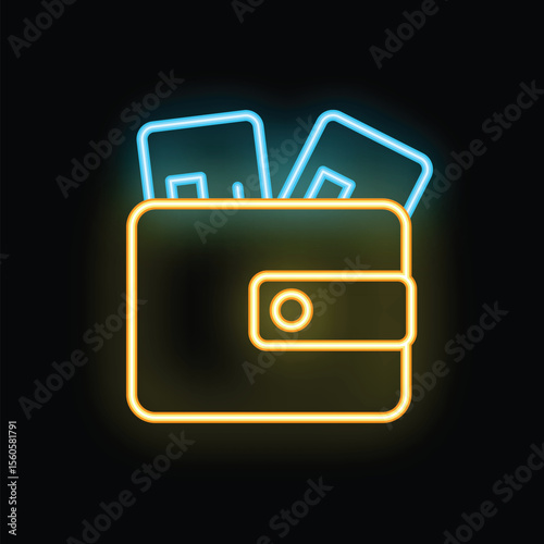 Bright neon wallet holding credit cards, glowing on a dark background