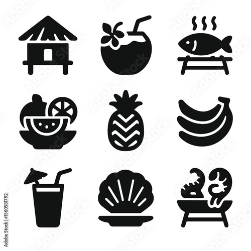 Island Hut Feast Icons. Solid, filled icon set of island hut food and drink: tropical fruit bowl, coconut drink, fish on grill,