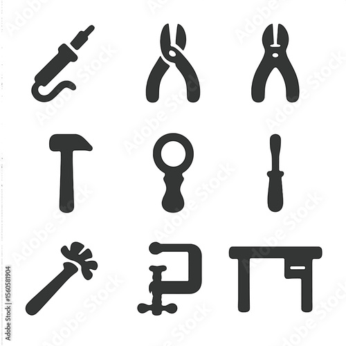 Jewelry Repair Tools Icons. Solid, filled icon set of jewelry repair tools: soldering iron, pliers, wire cutter, hammer, loupe,