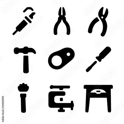 Jewelry Repair Tools Icons. Solid, filled icon set of jewelry repair tools: soldering iron, pliers, wire cutter, hammer, loupe,