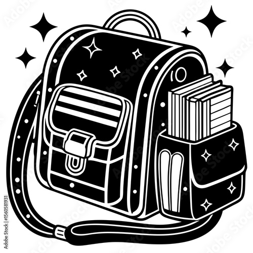 A black and white backpack with books and stars isolated on white