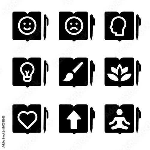 Journaling Emotions Icons. Solid, filled icon set of journaling emotions: happiness, sadness, reflection, inspiration, creativity,