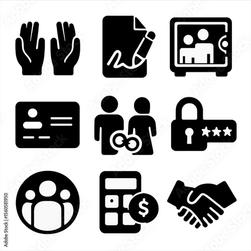Joint Finance Icons. Solid, filled icon set of joint accounts and family finance: dual hands, joint signature, family vault,