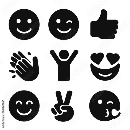 Joyful Expressions Icons. Solid, filled icon set of joyful expressions: smiling face, wink, thumbs up, clapping hands, raised arms
