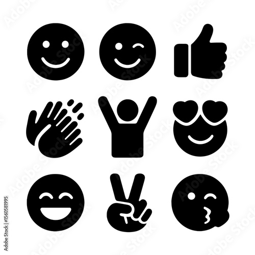 Joyful Expressions Icons. Solid, filled icon set of joyful expressions: smiling face, wink, thumbs up, clapping hands, raised arms