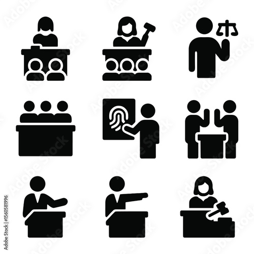 Judicial Procedures Icons. Solid, filled icon set of judicial procedures: court hearing, verdict announcement, oath taking, jury