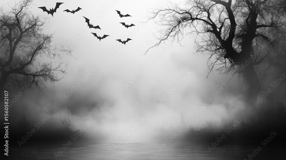 Obraz premium Eerie Monochrome Halloween Landscape: Bats Soaring Above a Foggy, Misty Forest and Lake