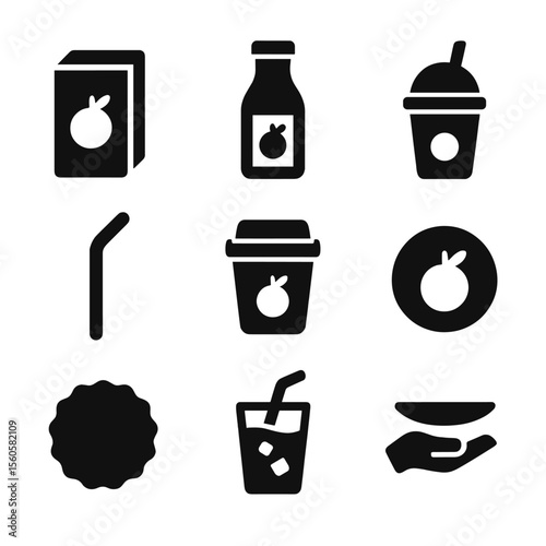Juice Icons Grid. Solid, filled icon set of juice packaging and serving: juice box, glass bottle, plastic cup, paper straw,