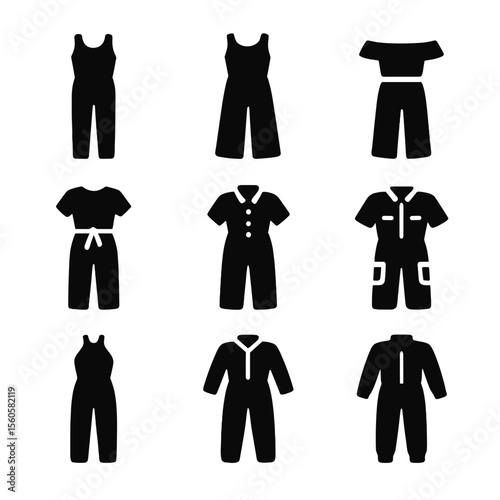 Jumpsuit Icon Collection. Solid, filled icon set of jumpsuit styles: sleeveless, wide-leg, belted waist, off-shoulder, button-up,