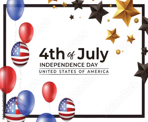 4th of July American Independence Day Bold Lettering Combined with Flying American Flag