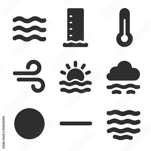 June Sea Icons. Solid, Filled icon set of June sea conditions: gentle waves, tide gauge, temperature thermometer, sea breeze swirl