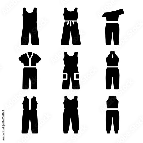 Jumpsuit Icon Collection. Solid, filled icon set of jumpsuit styles: sleeveless, wide-leg, belted waist, off-shoulder, button-up,