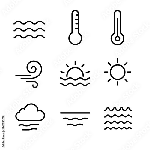 June Sea Icons. Outline icon set of June sea conditions: gentle waves, tide gauge, temperature thermometer, sea breeze swirl,