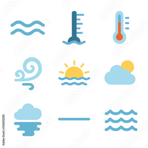June Sea Conditions Icons. Flat icon set of June sea conditions: gentle waves, tide gauge, temperature thermometer, sea breeze