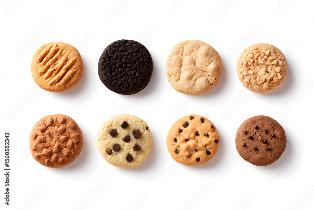 Overhead view of multiple cookies
Flat lay of various cookies on white background. Great for ads, packaging, or food banners. Overhead view of multiple cookies
Flat lay of various cookies on white background. Great for ads, packaging, or food banners.