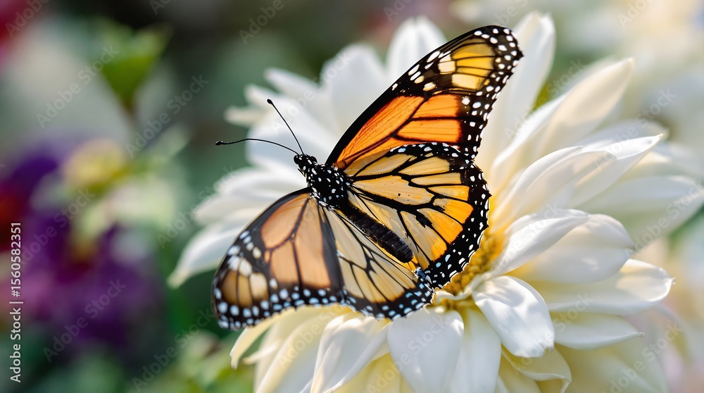 Fototapeta premium Monarch Butterfly on White Dahlia Flower in Sunny Garden