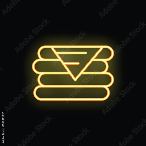 Yellow neon sign representing towels or clothes stacked and folded, on a black background, ideal for hotel, travel, and laundry concepts