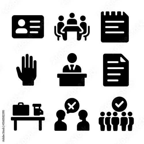 Jury Trial Icon Set. Solid, filled icon set of jury trial elements: jury badge, deliberation room, notepad, raised hand,