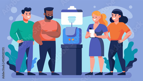 A group of coworkers gather around the water cooler discussing the latest episode of a reality TV show that heavily features toned and muscular male contestants.. Vector illustration