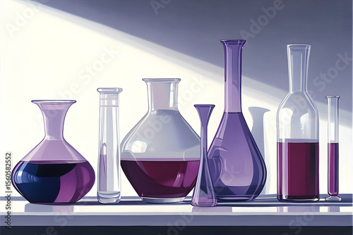 Glass laboratory vessels with purple liquid science experiment still life