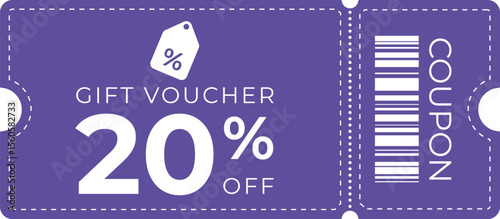 Purple 20% off gift voucher with barcode, tag icon, and bold typography. Perfect for promotions, sales, e-commerce, and retail advertising. Ideal for commercial and marketing use.