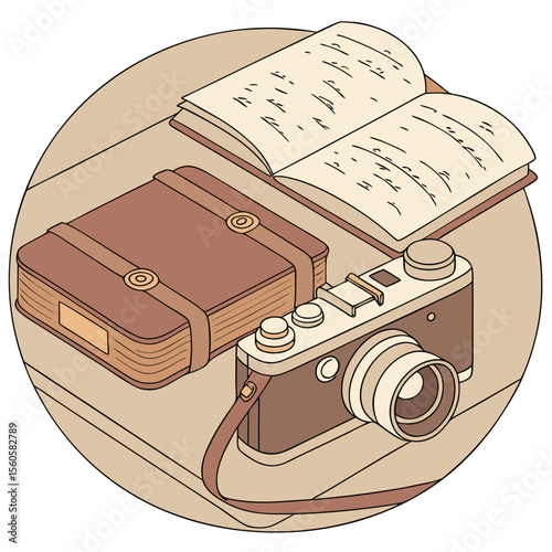 A still life illustration featuring a vintage camera, a closed book, and an open book on a beige surface
