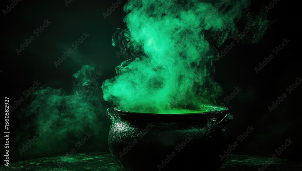 Dark cauldron, glowing with vibrant green smoke Dark cauldron, glowing with vibrant green smoke