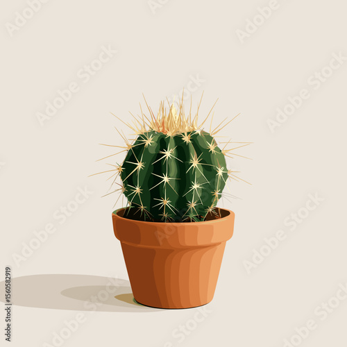 Minimalist Handdrawn Barrel Cactus in Terracotta Pot Illustration Style