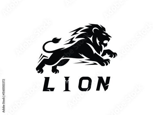 Dynamic roaring lion silhouette logo in black vector style with bold LION typography for sports, business, or branding design