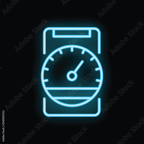 Glowing neon icon of a smartphone with a speedometer app, representing the concept of measuring internet speed