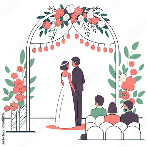Illustration of a wedding ceremony with a bride groom guests floral arch and hanging lights creating a scene