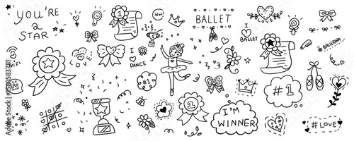 Hand drawn ballerina element line doodle concept set. Includes ballet outfit, trophy, ribbon, ballet shoes, and mirror.