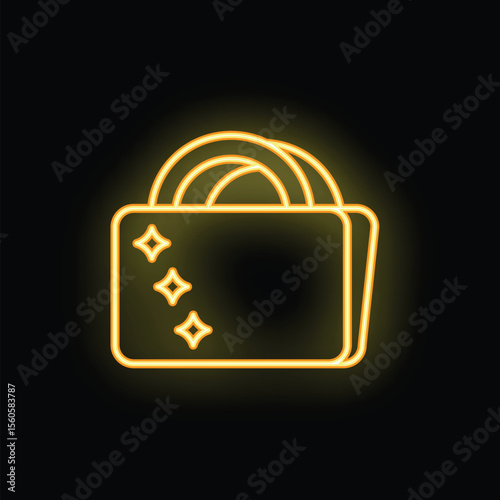Minimalist glowing neon yellow credit cards icon on a black background